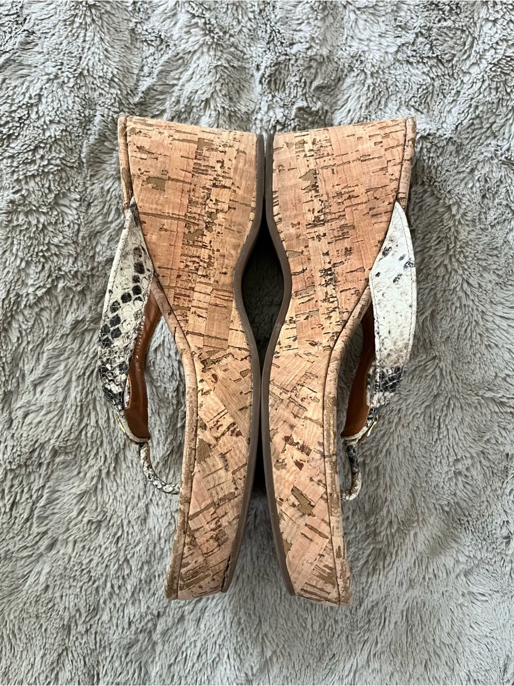 Tory Burch Suzy Cork Leather Thong Sandals with Snake-Print Straps and Gold Logo
